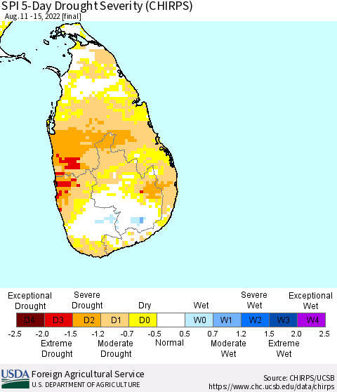 Sri Lanka SPI 5-Day Drought Severity (CHIRPS) Thematic Map For 8/11/2022 - 8/15/2022