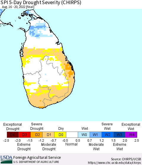 Sri Lanka SPI 5-Day Drought Severity (CHIRPS) Thematic Map For 8/16/2022 - 8/20/2022