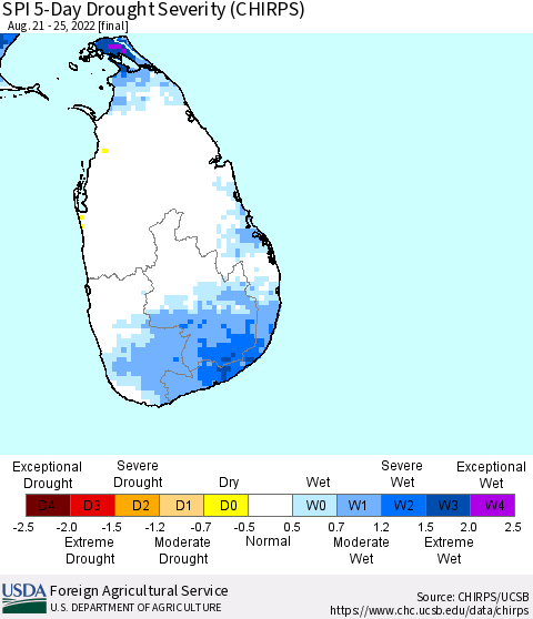 Sri Lanka SPI 5-Day Drought Severity (CHIRPS) Thematic Map For 8/21/2022 - 8/25/2022