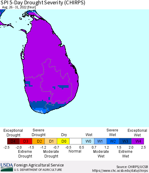 Sri Lanka SPI 5-Day Drought Severity (CHIRPS) Thematic Map For 8/26/2022 - 8/31/2022