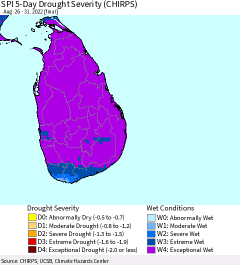 Sri Lanka SPI 5-Day Drought Severity (CHIRPS) Thematic Map For 8/26/2022 - 8/31/2022