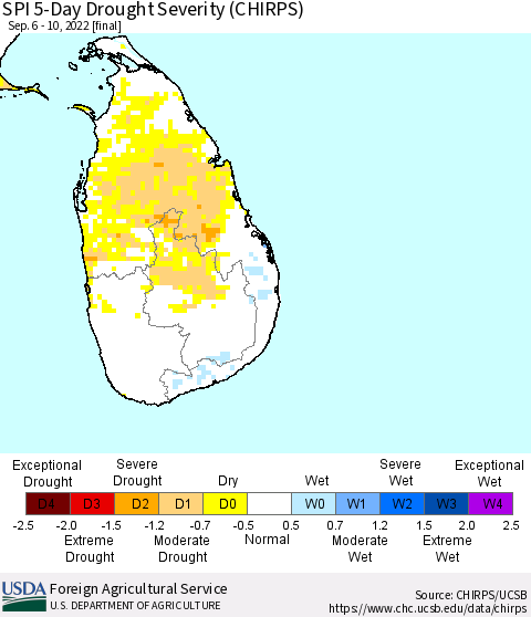 Sri Lanka SPI 5-Day Drought Severity (CHIRPS) Thematic Map For 9/6/2022 - 9/10/2022
