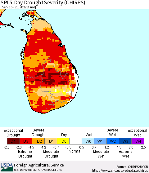 Sri Lanka SPI 5-Day Drought Severity (CHIRPS) Thematic Map For 9/16/2022 - 9/20/2022