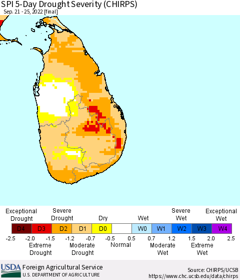 Sri Lanka SPI 5-Day Drought Severity (CHIRPS) Thematic Map For 9/21/2022 - 9/25/2022
