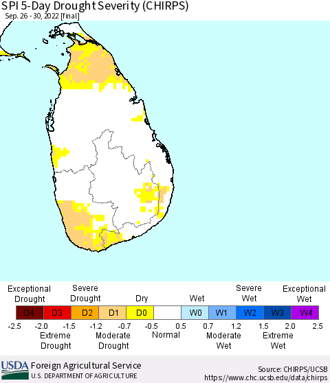 Sri Lanka SPI 5-Day Drought Severity (CHIRPS) Thematic Map For 9/26/2022 - 9/30/2022