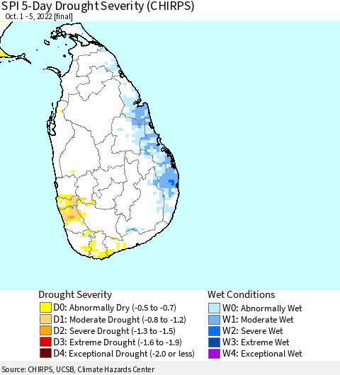 Sri Lanka SPI 5-Day Drought Severity (CHIRPS) Thematic Map For 10/1/2022 - 10/5/2022