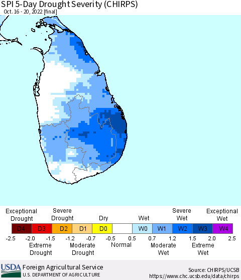 Sri Lanka SPI 5-Day Drought Severity (CHIRPS) Thematic Map For 10/16/2022 - 10/20/2022