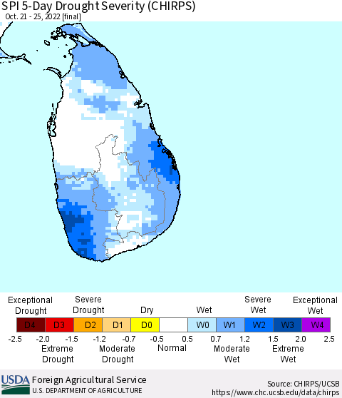 Sri Lanka SPI 5-Day Drought Severity (CHIRPS) Thematic Map For 10/21/2022 - 10/25/2022
