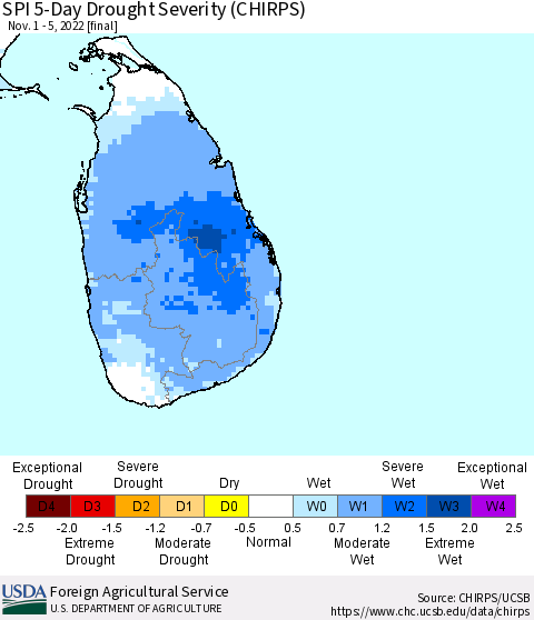Sri Lanka SPI 5-Day Drought Severity (CHIRPS) Thematic Map For 11/1/2022 - 11/5/2022