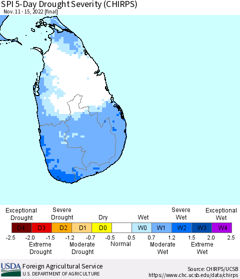 Sri Lanka SPI 5-Day Drought Severity (CHIRPS) Thematic Map For 11/11/2022 - 11/15/2022