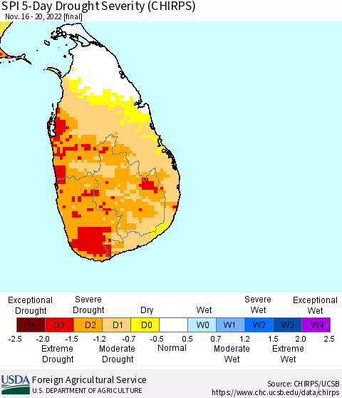 Sri Lanka SPI 5-Day Drought Severity (CHIRPS) Thematic Map For 11/16/2022 - 11/20/2022