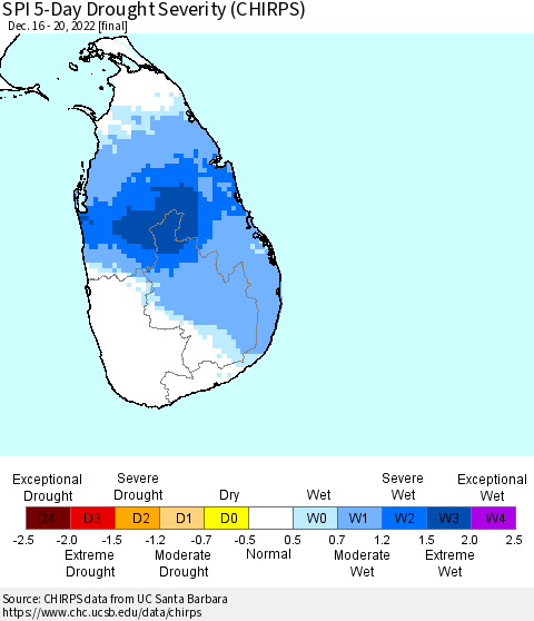 Sri Lanka SPI 5-Day Drought Severity (CHIRPS) Thematic Map For 12/16/2022 - 12/20/2022