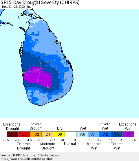 Sri Lanka SPI 5-Day Drought Severity (CHIRPS) Thematic Map For 12/21/2022 - 12/25/2022