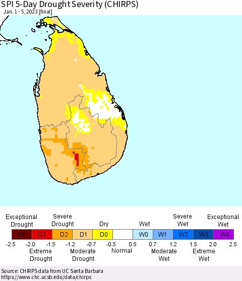 Sri Lanka SPI 5-Day Drought Severity (CHIRPS) Thematic Map For 1/1/2023 - 1/5/2023