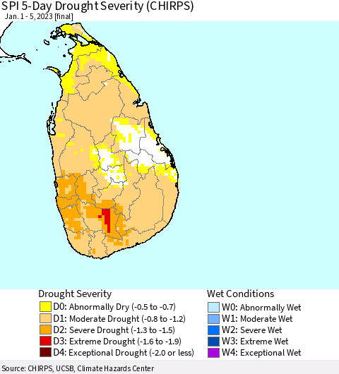 Sri Lanka SPI 5-Day Drought Severity (CHIRPS) Thematic Map For 1/1/2023 - 1/5/2023