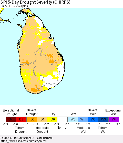 Sri Lanka SPI 5-Day Drought Severity (CHIRPS) Thematic Map For 1/11/2023 - 1/15/2023