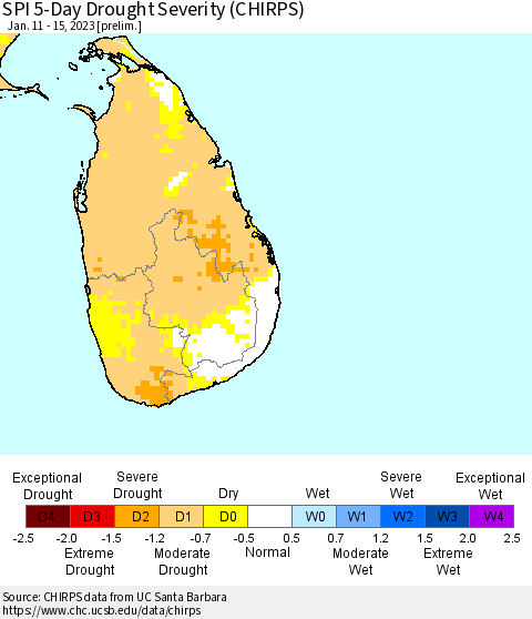Sri Lanka SPI 5-Day Drought Severity (CHIRPS) Thematic Map For 1/11/2023 - 1/15/2023