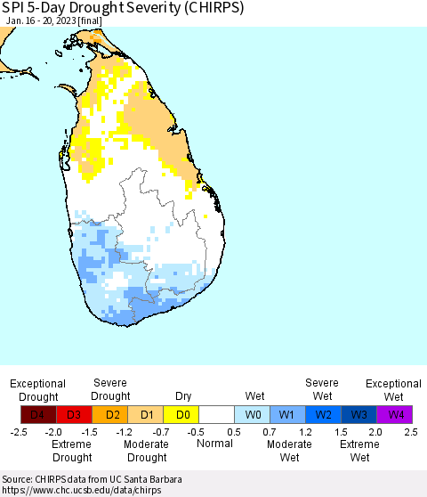 Sri Lanka SPI 5-Day Drought Severity (CHIRPS) Thematic Map For 1/16/2023 - 1/20/2023