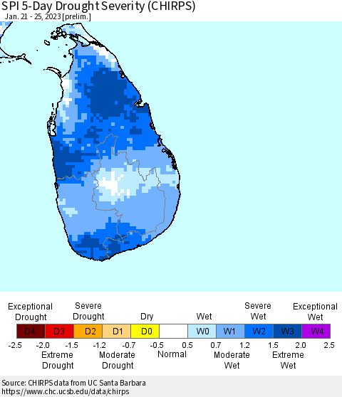 Sri Lanka SPI 5-Day Drought Severity (CHIRPS) Thematic Map For 1/21/2023 - 1/25/2023