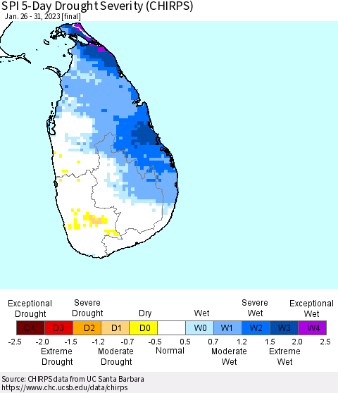 Sri Lanka SPI 5-Day Drought Severity (CHIRPS) Thematic Map For 1/26/2023 - 1/31/2023