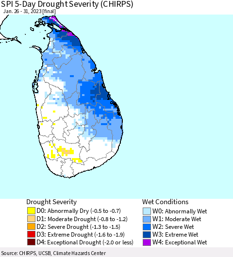 Sri Lanka SPI 5-Day Drought Severity (CHIRPS) Thematic Map For 1/26/2023 - 1/31/2023