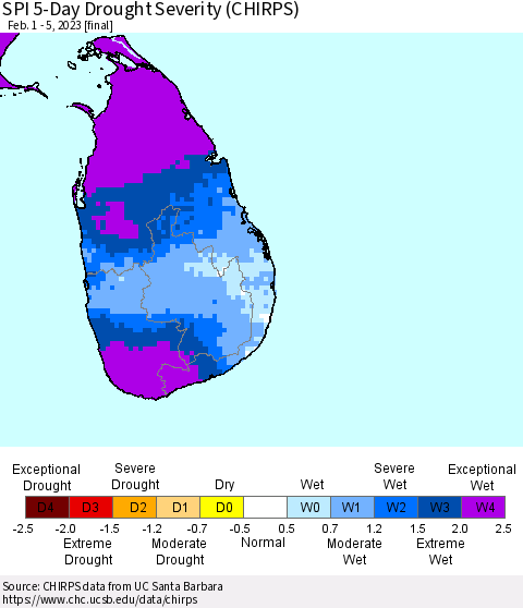 Sri Lanka SPI 5-Day Drought Severity (CHIRPS) Thematic Map For 2/1/2023 - 2/5/2023