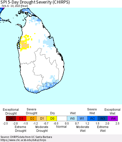 Sri Lanka SPI 5-Day Drought Severity (CHIRPS) Thematic Map For 2/6/2023 - 2/10/2023