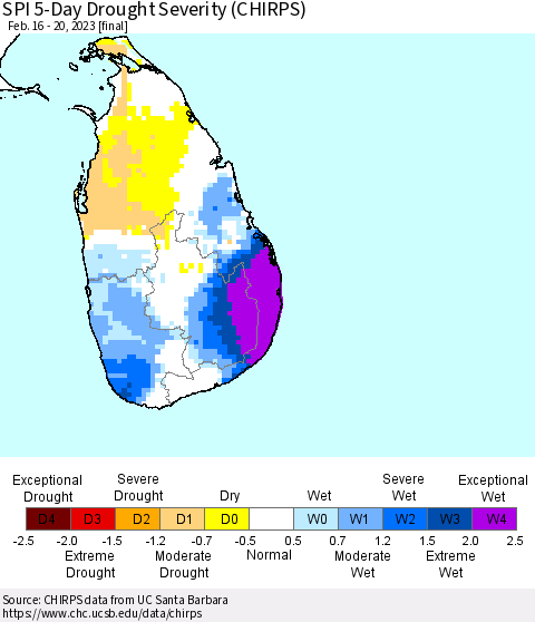 Sri Lanka SPI 5-Day Drought Severity (CHIRPS) Thematic Map For 2/16/2023 - 2/20/2023