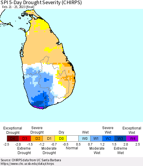 Sri Lanka SPI 5-Day Drought Severity (CHIRPS) Thematic Map For 2/21/2023 - 2/25/2023