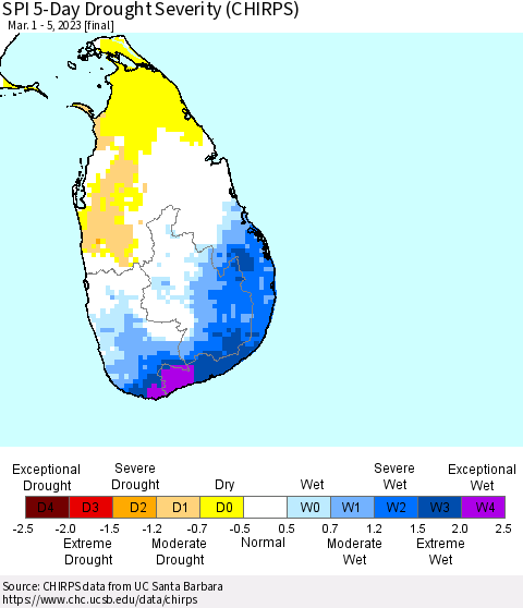 Sri Lanka SPI 5-Day Drought Severity (CHIRPS) Thematic Map For 3/1/2023 - 3/5/2023