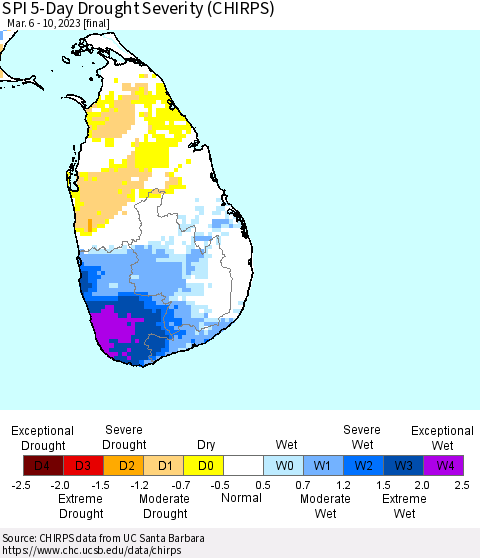 Sri Lanka SPI 5-Day Drought Severity (CHIRPS) Thematic Map For 3/6/2023 - 3/10/2023