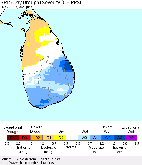 Sri Lanka SPI 5-Day Drought Severity (CHIRPS) Thematic Map For 3/11/2023 - 3/15/2023