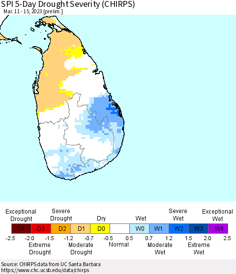Sri Lanka SPI 5-Day Drought Severity (CHIRPS) Thematic Map For 3/11/2023 - 3/15/2023