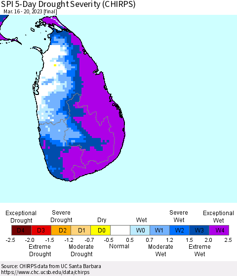 Sri Lanka SPI 5-Day Drought Severity (CHIRPS) Thematic Map For 3/16/2023 - 3/20/2023