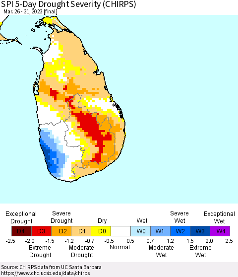 Sri Lanka SPI 5-Day Drought Severity (CHIRPS) Thematic Map For 3/26/2023 - 3/31/2023