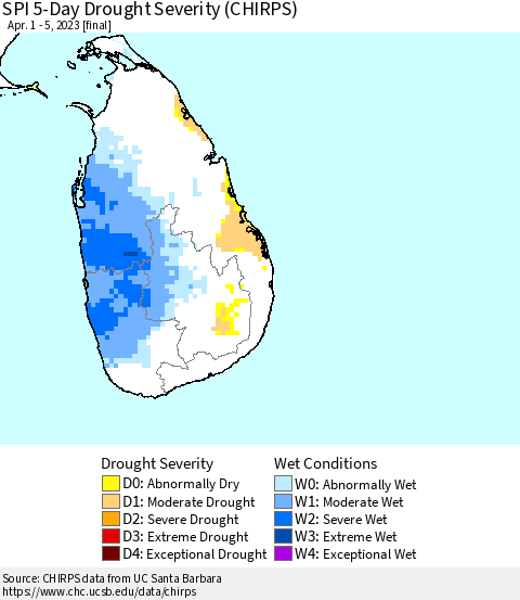 Sri Lanka SPI 5-Day Drought Severity (CHIRPS) Thematic Map For 4/1/2023 - 4/5/2023