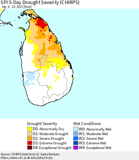 Sri Lanka SPI 5-Day Drought Severity (CHIRPS) Thematic Map For 4/6/2023 - 4/10/2023