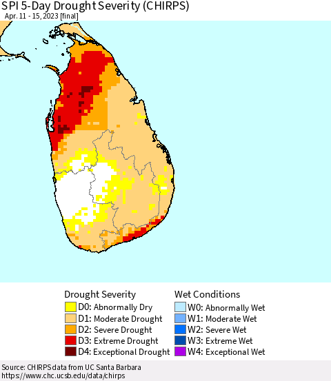 Sri Lanka SPI 5-Day Drought Severity (CHIRPS) Thematic Map For 4/11/2023 - 4/15/2023