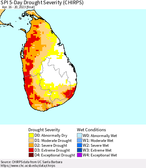 Sri Lanka SPI 5-Day Drought Severity (CHIRPS) Thematic Map For 4/16/2023 - 4/20/2023