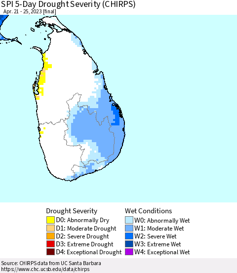 Sri Lanka SPI 5-Day Drought Severity (CHIRPS) Thematic Map For 4/21/2023 - 4/25/2023