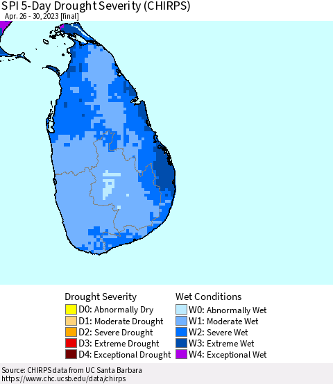 Sri Lanka SPI 5-Day Drought Severity (CHIRPS) Thematic Map For 4/26/2023 - 4/30/2023