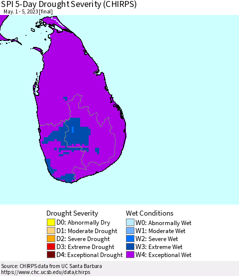 Sri Lanka SPI 5-Day Drought Severity (CHIRPS) Thematic Map For 5/1/2023 - 5/5/2023