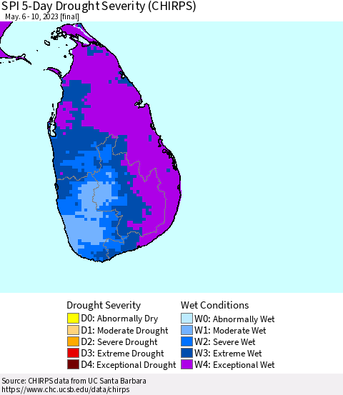 Sri Lanka SPI 5-Day Drought Severity (CHIRPS) Thematic Map For 5/6/2023 - 5/10/2023