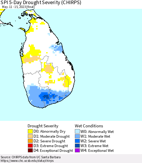 Sri Lanka SPI 5-Day Drought Severity (CHIRPS) Thematic Map For 5/11/2023 - 5/15/2023