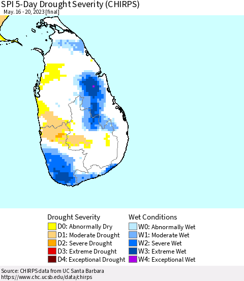 Sri Lanka SPI 5-Day Drought Severity (CHIRPS) Thematic Map For 5/16/2023 - 5/20/2023