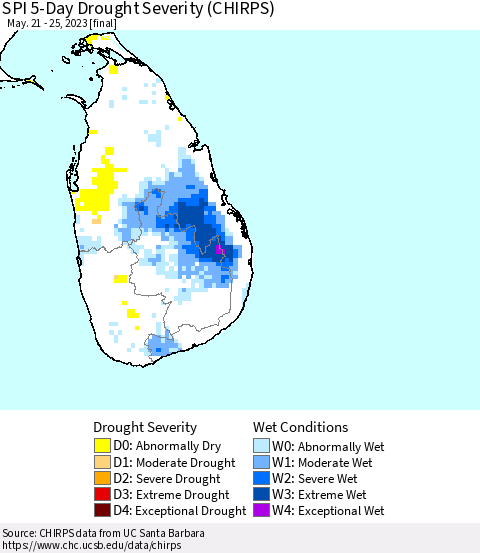 Sri Lanka SPI 5-Day Drought Severity (CHIRPS) Thematic Map For 5/21/2023 - 5/25/2023
