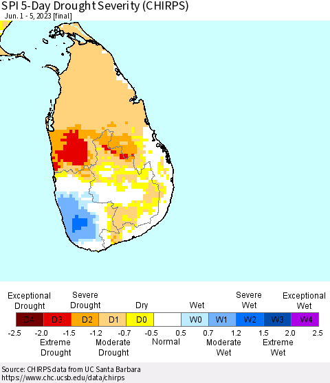 Sri Lanka SPI 5-Day Drought Severity (CHIRPS) Thematic Map For 6/1/2023 - 6/5/2023