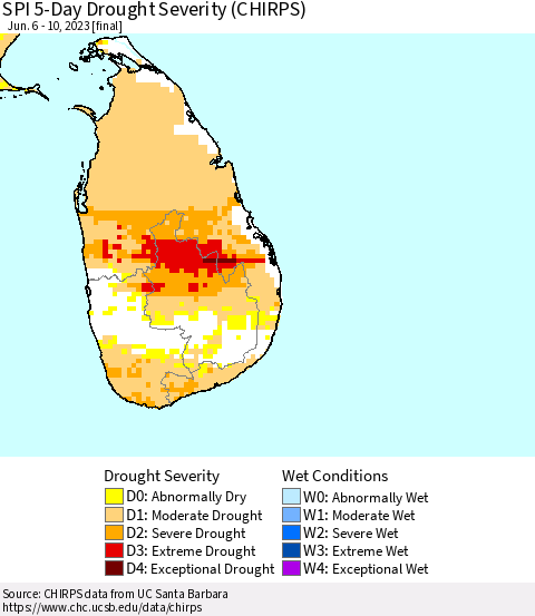 Sri Lanka SPI 5-Day Drought Severity (CHIRPS) Thematic Map For 6/6/2023 - 6/10/2023