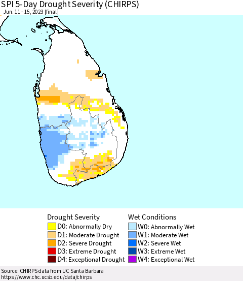 Sri Lanka SPI 5-Day Drought Severity (CHIRPS) Thematic Map For 6/11/2023 - 6/15/2023