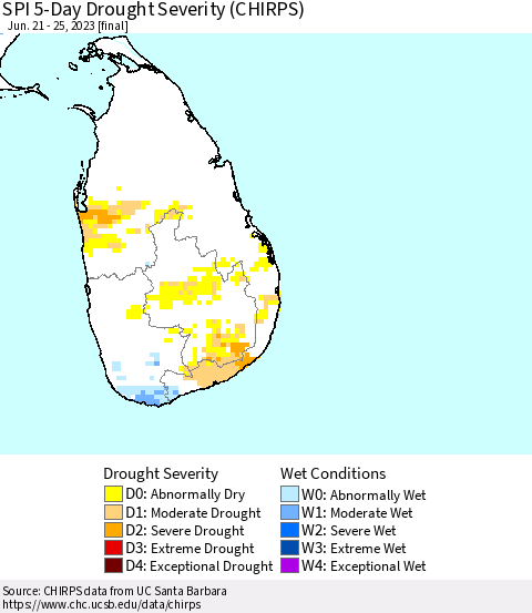 Sri Lanka SPI 5-Day Drought Severity (CHIRPS) Thematic Map For 6/21/2023 - 6/25/2023